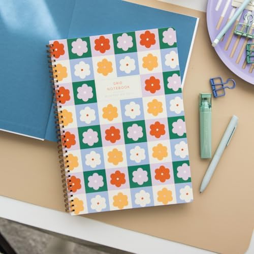 A4 Spiralli Karton Kapak 2’li Set Kareli Okul Defteri 80 yaprak, Ders Programlı Lila Çiçek