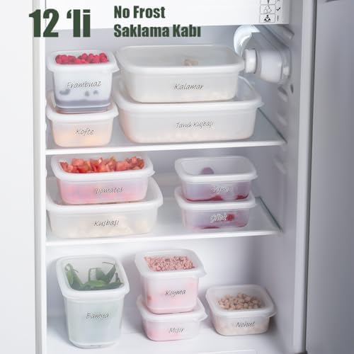 1126 12'lı Etiketli No Frost -25°C Derin Dondurucu Mikrodalga Yiyecek Erzak Saklama Kabı Seti Beyaz