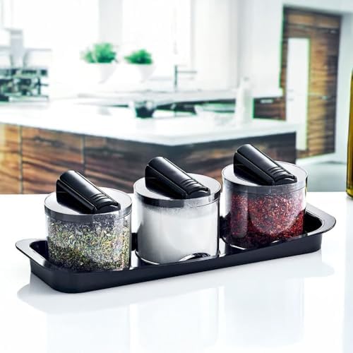 Favori 3'lü Lüks Baharatlık Seti - Kaşıklı ve Özel Standlı Tezgah Üstü Tuzluk, Karabiberlik ve Baharat Seti | Şeffaf ve Şık Tasarım (26cm x 9cm x 8 cm)