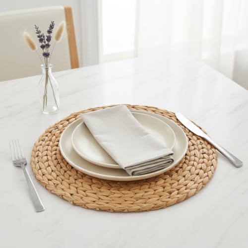 6'lı Amerikan Servis Hasır Supla Yuvarlak Bambu Örgü Büyük Boy 37cm - Masa Dekorasyonu ve Sunum Tabağı Altlığı