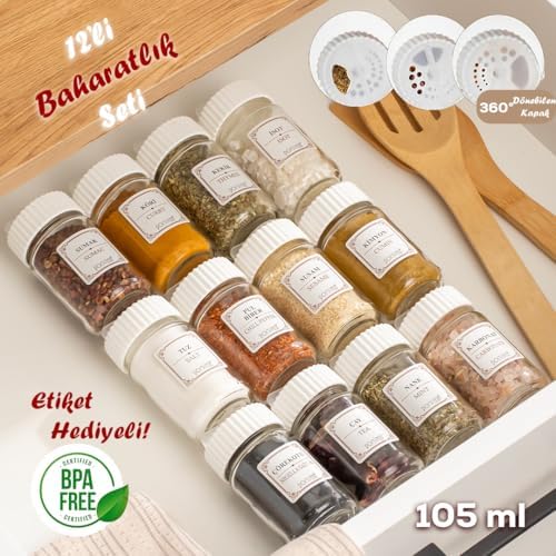 1078 Etiketli Döner Kapaklı 12'li Cam Baharatlık-Düzenleyici Organizer-Cappuccino Beyaz