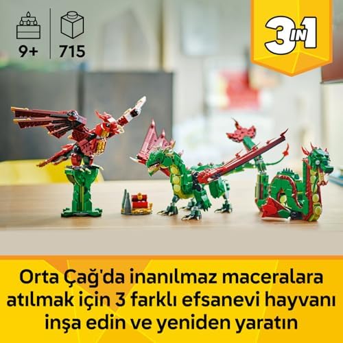 Creator 3’ü 1 Arada Orta Çağ Ejderhası 31161-9 Yaş ve Üzeri Çocuklar için Deniz Yılanı ve Zümrüdüankaya Dönüşen Oyuncak Yapım Seti, Doğum Günü Hediyesi (715 Parça)