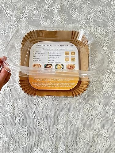 Air Fryer Pişirme Kağıdı, Hava Fritözü Kağıdı, Fırın Pişirme Kağıdı, XL ve XXL Uygun, Tarım Bakanlığı Onaylı, Kare Tabak, Koruma Tabağı ile birlikte, 20x20+4,5 cm, 100 Adet