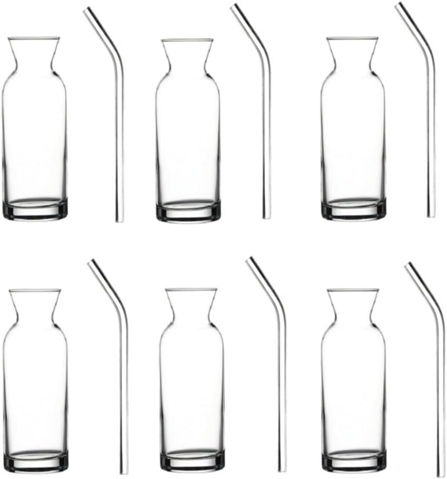 Village Cam Pipetli Meşrubat Bardağı Limonata Süt Şişesi Sunum Karaf 6 Adet