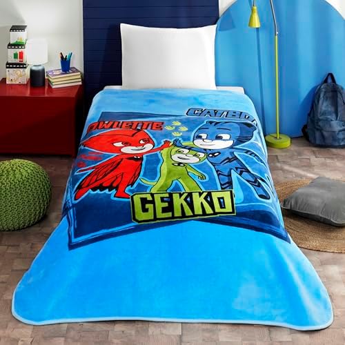 PJ Masks Heroes Çizgi Film Karakteri Pamuk-Polyester Karışım Battaniye, Mavi, Kırmızı, Yeşil, Tek Kişilik