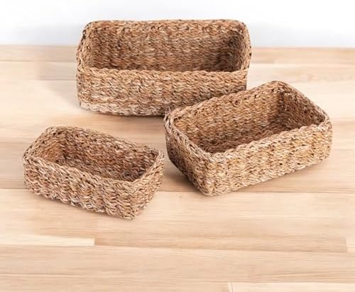 3'lü Rustik El Yapımı Doğal Dikdörtgen Hasır Düzenleyici Seti | 3'lü Hasır Dikdörtgen Organizer Seti – Dekoratif, Çok Amaçlı ve Dayanıklı Sepetler (32x20x12cm – 27x17x10cm – 22x14x8cm)