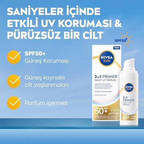 NIVEA SUN SPF50 Nemlendirici Primer Serum 30ml, Makyaj Bazı, Hyaluron, Antioksidan, Yüksek Güneş Koruyucu