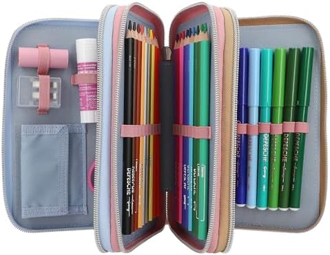 13009 – doldurulmuş 3 bölmeli kalem kutusu, pembe renkte, model motifli ve kolye uçlu, renkli kalemler, cetvel, makas vb. içeren kalem kutusu