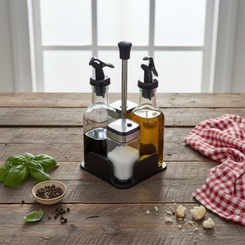 Dörtlü Baharatlık ve Yağlık Sirkelik Seti | Stantlı Tuzluk, Karabiberlik, Zeytinyağlık ve Sirkelik Takımı | Masaüstü Mutfak Seti 2 Adet 200 ml Yağlık, 2 Adet 100 ml Tuzluk Karabiberlik