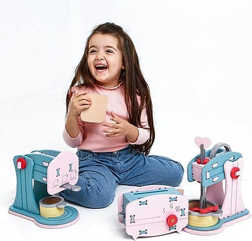 LULUBERE Ahşap Mutfak Aletleri Oyuncak Seti, 3'ü Bir Arada Oyuncak Kahve Makinası, Ekmek Kızartma Makinası,