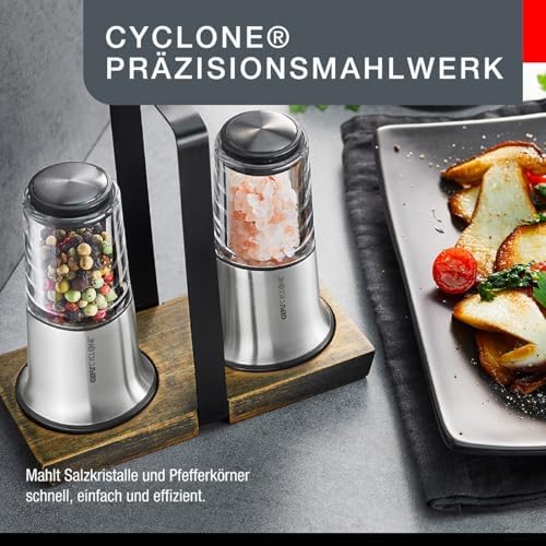 Gefu X-PLOSION Tuz ve Karabiber Değirmeni Seti, 2'li Set, Seramik Öğütücülü Değirmenler, Ahşap Altlık, Siyah/Gümüş