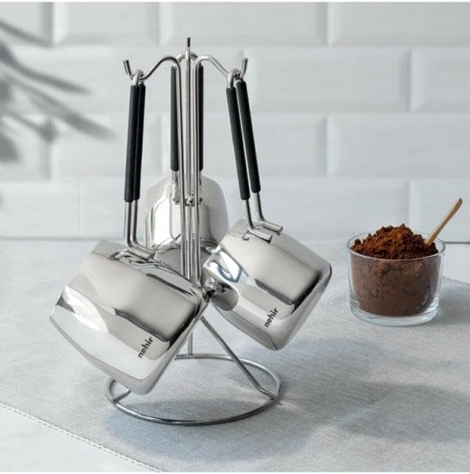 29015 Modern Askı Standlı 4 Parça Çelik Cezve Seti