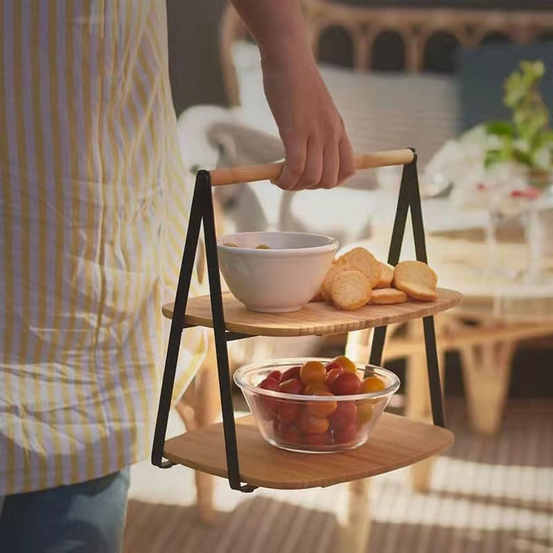 2 Katlı Dikdörtgen Bambu Servis Sunum Seti Büyük Boy, Kuru Pasta, Kurabiye ve Kek Sunumları İçin Büyük Boy (34cm-26.5cm-16cm)