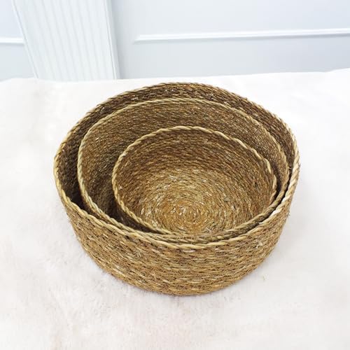 3'lü Rustik El Yapımı Doğal Yuvarlak Hasır Düzenleyici Seti | 3'lü Hasır Yuvarlak Organizer Seti – Dekoratif, Çok Amaçlı ve Dayanıklı Sepetler (30x12cm – 25x10cm – 20x8cm)