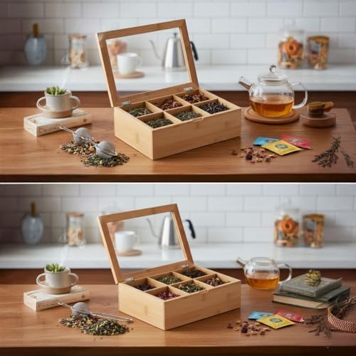 Bambu 6 Bölmeli Çay Kutusu -%100 Orjinal Bambu Mıknatıslı Kapak 21x16,5 x7cm