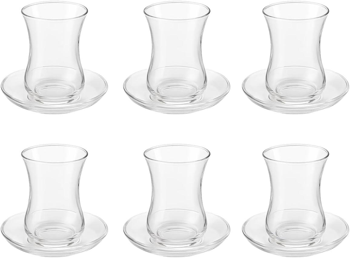 12 Parça Klasik Çay Seti – 6 Çay Bardağı ve 6 Çay Tabağı, Şeffaf Cam, 8 cm Bardak, 10 cm Tabak, Şık ve Dayanıklı Tasarım