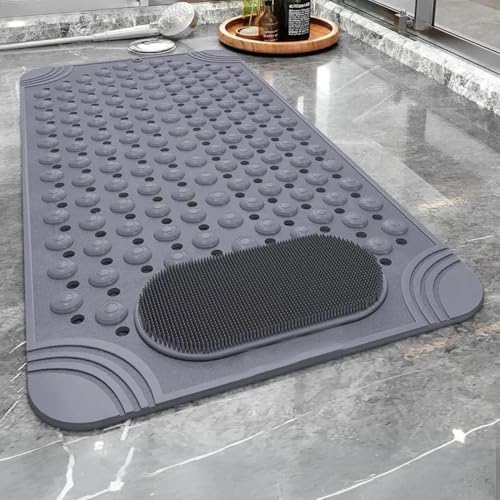 | Kaymaz Banyo Paspası | Gri | 69,5x36cm – Dikdörtgen Duş Matı, Küvet Paspası | Güçlü Vantuzlu, Su Tahliyeli, Masaj, Fırçalı | Makinede Yıkanabilir | Kaydırmaz Zemin Matı