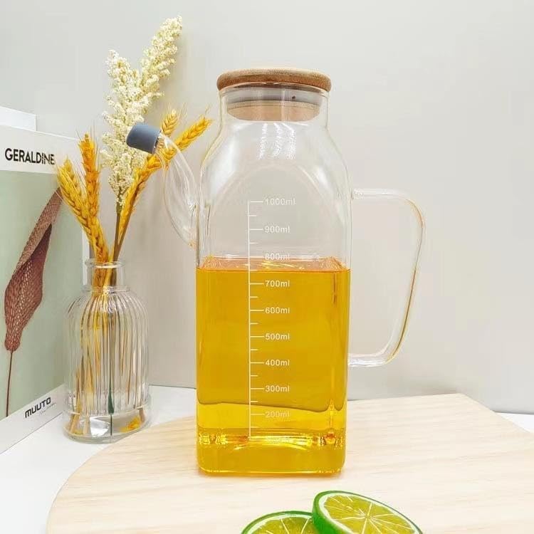 1000ml Bambu Kapaklı Cam Yağlık ve Sirkelik – Dayanıklı ve Şeffaf Sıvı & Mutfak İçin Hassas Sıvı Ölçüm ve Saklama Çözümü 1000ml - Cam Sürahi Sıvı Ölçü Kabı