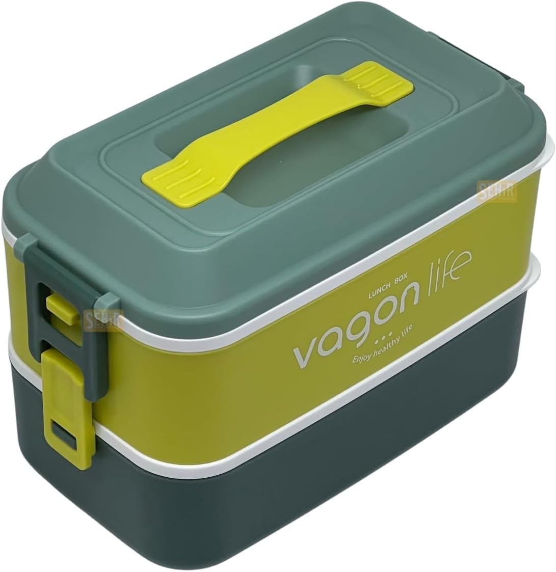 Bento 1000ml Lunchbox 2 Katlı 3 Bölmeli Paslanmaz Çelik Sefer Tası Yemek Kutusu (Koyu Yeşil-Fıstık Yeşili)