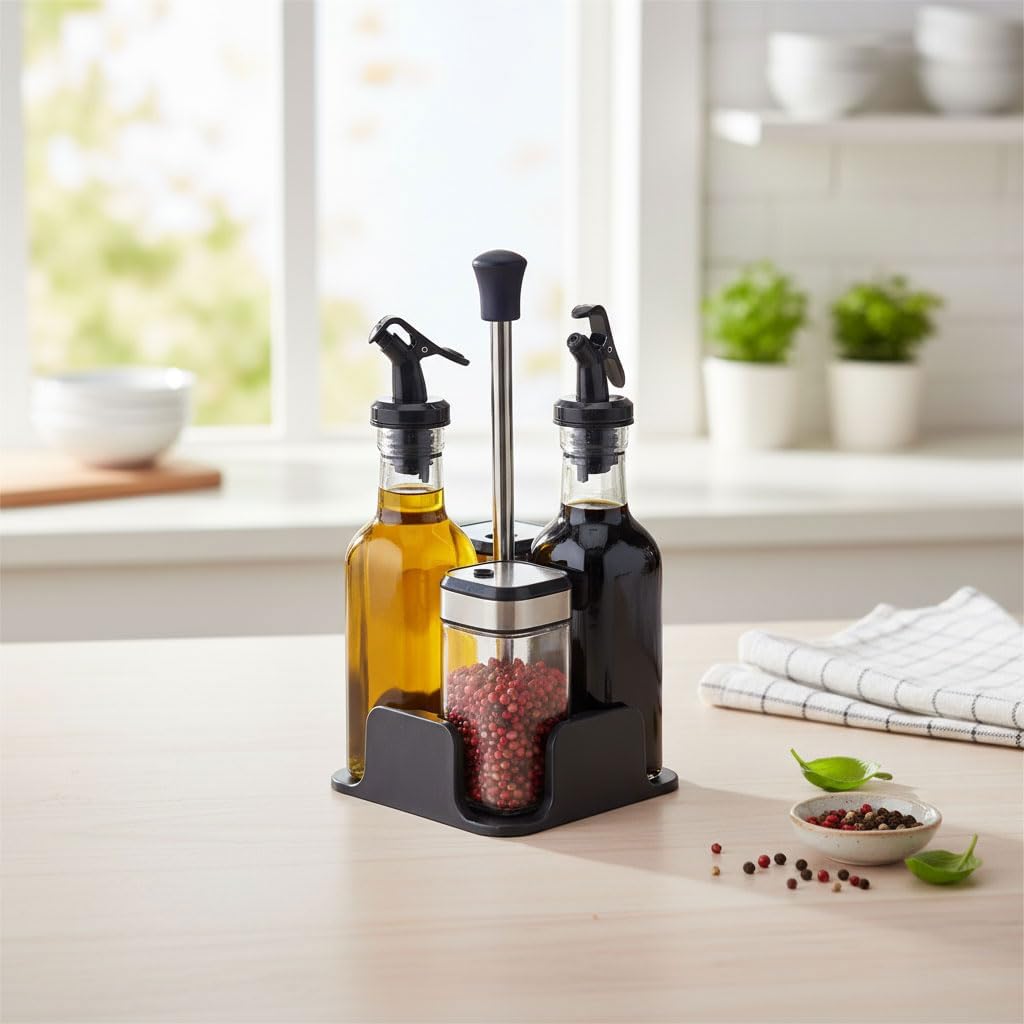 Dörtlü Baharatlık ve Yağlık Sirkelik Seti | Stantlı Tuzluk, Karabiberlik, Zeytinyağlık ve Sirkelik Takımı | Masaüstü Mutfak Seti 2 Adet 200 ml Yağlık, 2 Adet 100 ml Tuzluk Karabiberlik