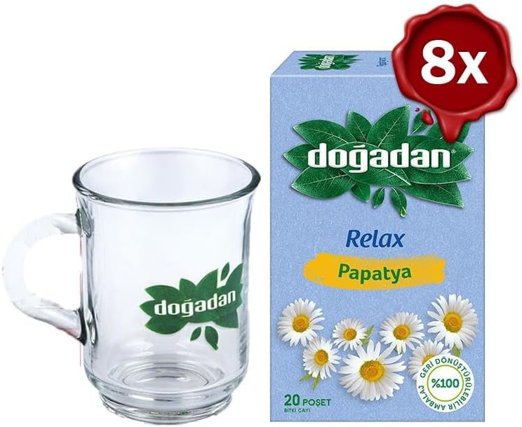 Doğadan Papatya Bitki Çayı 20' li x 8 ve Doğadan Cam Bardak Hediyeli