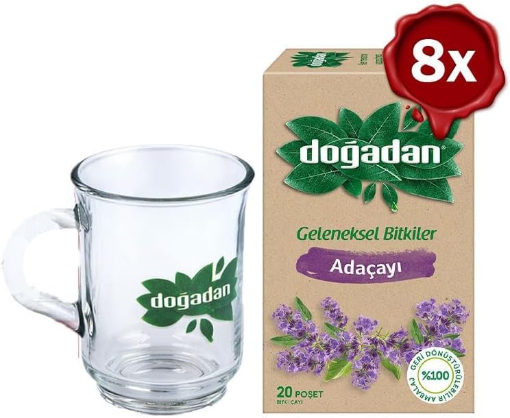 Doğadan Adaçayı Bitki Çayı 20' li x 8 ve Doğadan Cam Bardak Hediyeli