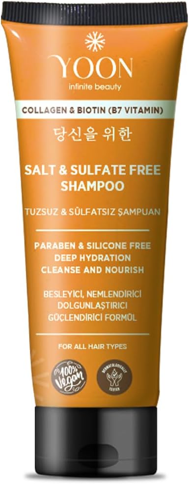 YOON Sülfatsız ve Tuzsuz Şampuan, Kolajen Biotin B7 içerikli Parabensiz, Güçlendiren Besleyici ve Nemlendirici Vegan Şampuan 250ml