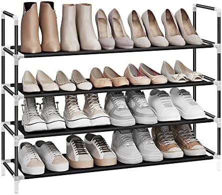 4 Katlı Ayakkabı Rafı, Antre Dolabı İçin Ayakkabı Saklama Çözümü, İnce ve Yer Tasarrufu Sağlayan, Metal Çerçeve, Dokuma Olmayan Kumaş Raflar, Siyah Lsh054B01