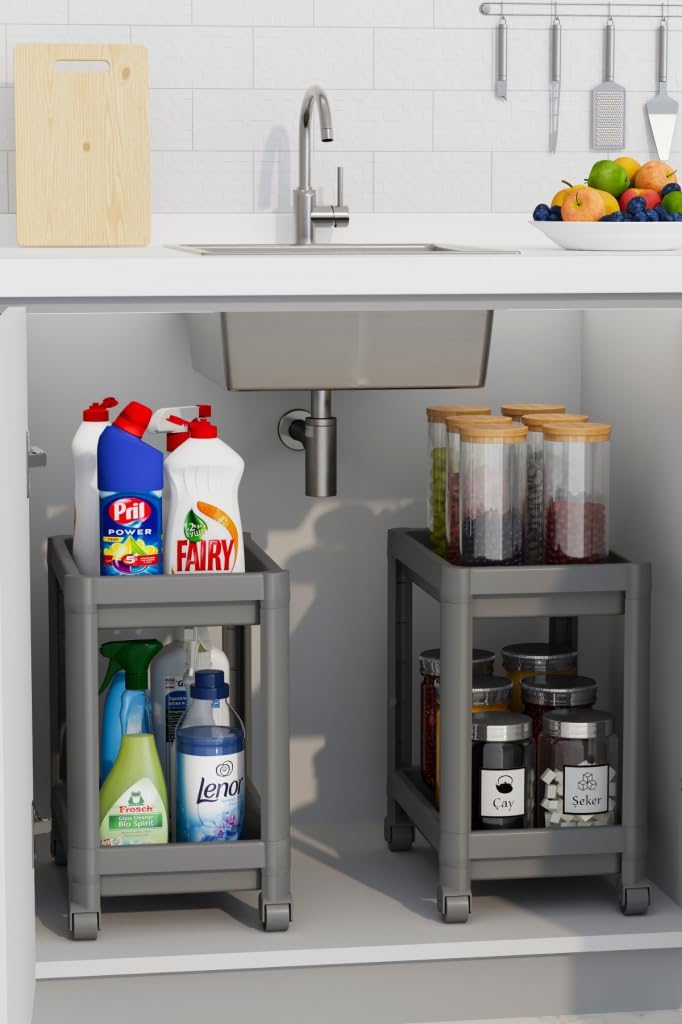 Life 2 Adet 2 Katlı Tekerlekli Tezgah Altı Gri Banyo Mutfak Rafı MIT1124