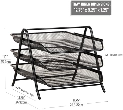 Reader 3 Katmanlı Kağıt Tepsisi, Masaüstü Düzenleyici, Dosya Depolama, Çalışma Alanı, Ofis, Metal Örgü, 11.5 "U x 13.75" G x 10"H, Siyah