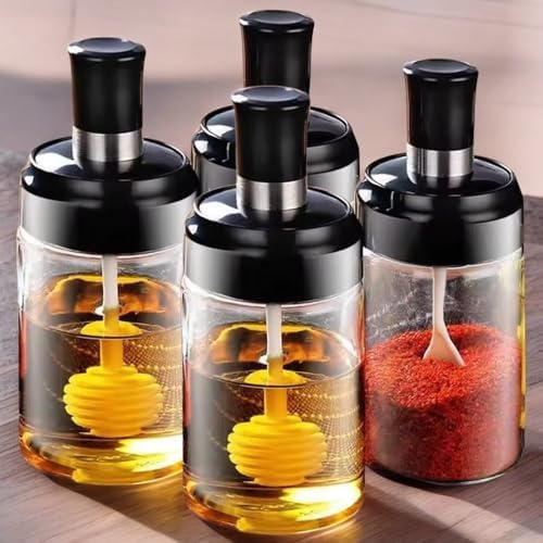 Cam Baharatlık ve Ballık Seti, 4'lü Kavanoz Seti, Kendinden Kaşıklı, Siyah Kapaklı 300 mL