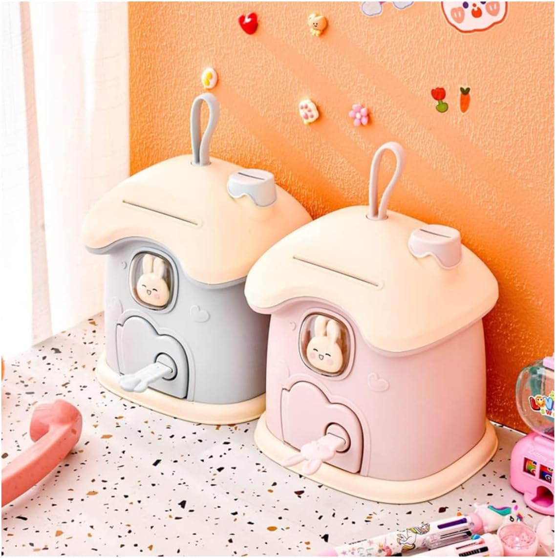 Kumbara Sevimli Tavşan Bacalı Ev Kumbara Kapaklı Pembe