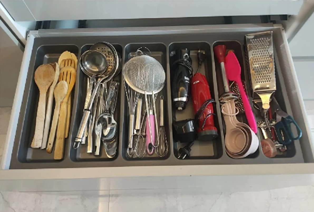 86x49 Cm. 6 Bölmeli Gri Çekmece Içi Düzenleyici Kepçelik (80 * 40 Cm'e Kadar Kesilir) MAKET BIÇAĞI HEDİYE