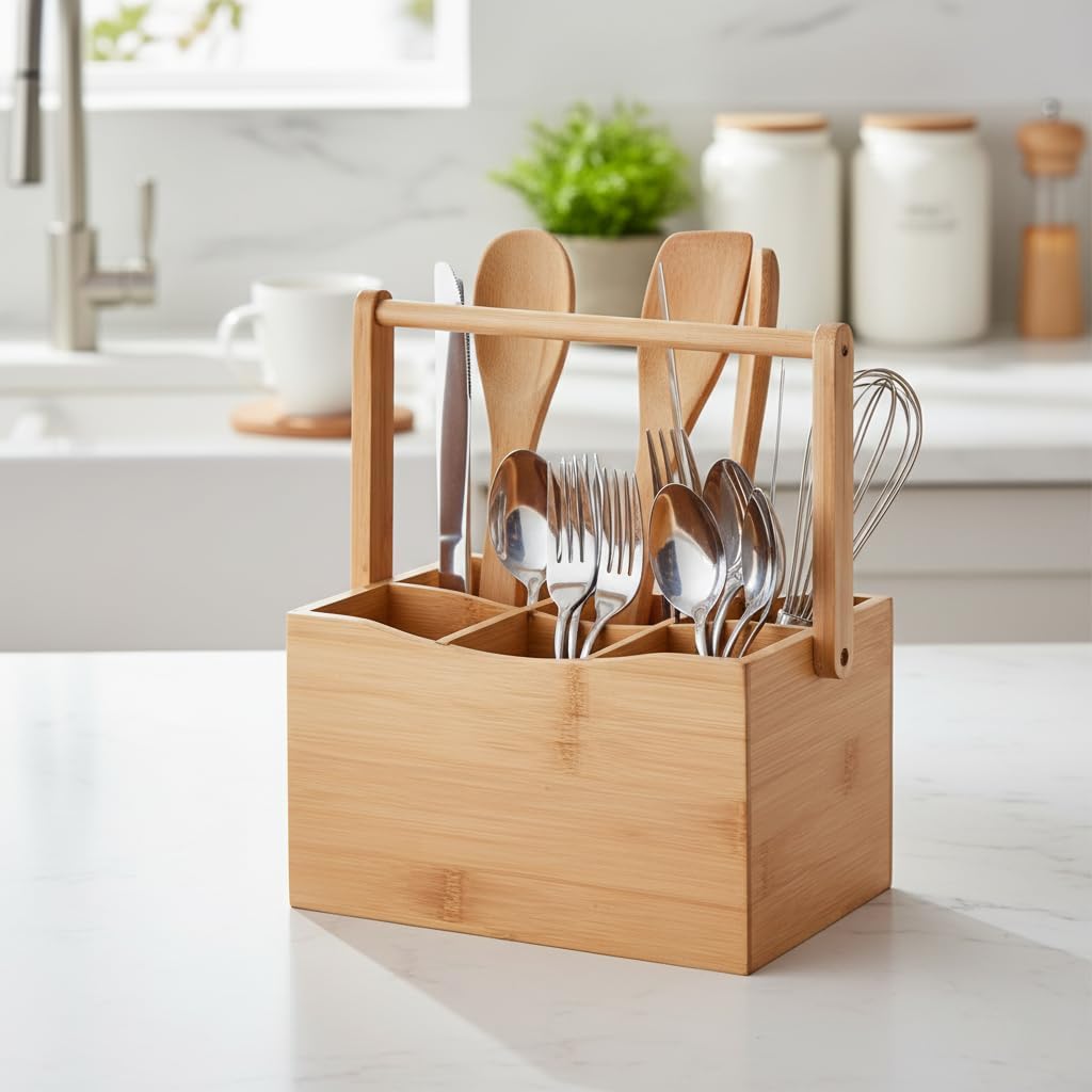Bambu Taşıma Kulplu Çok Amaçlı Düzenleyici - 6 Bölmeli Çatal Bıçaklık | Ofis, Banyo ve Masaüstü Caddy Organizer (21.6x14x12.7 cm)