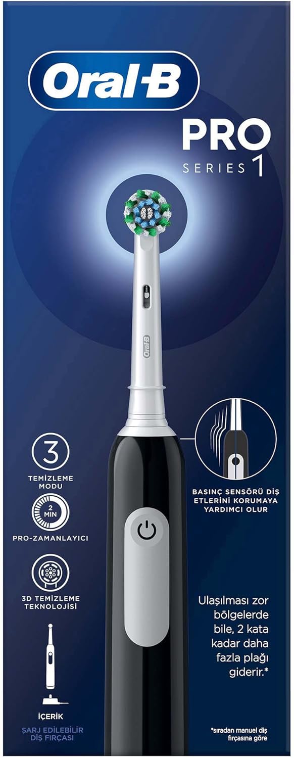 Oral-B Pro Serisi 1 Siyah Elektrikli Diş Fırçası, 1 Diş Fırçası Başlığı, Braun Tasarımı