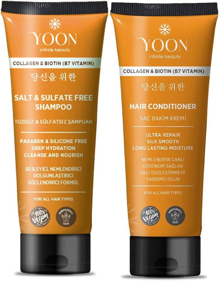 YOON 2'li Vegan Tuzsuz Şampuan 250ml & Saç Kremi 200ml Sülfatsız, Kolajen ve Biotinli Yumuşak, Canlı ve Güçlü Saçlar 2'li Besleyici Set