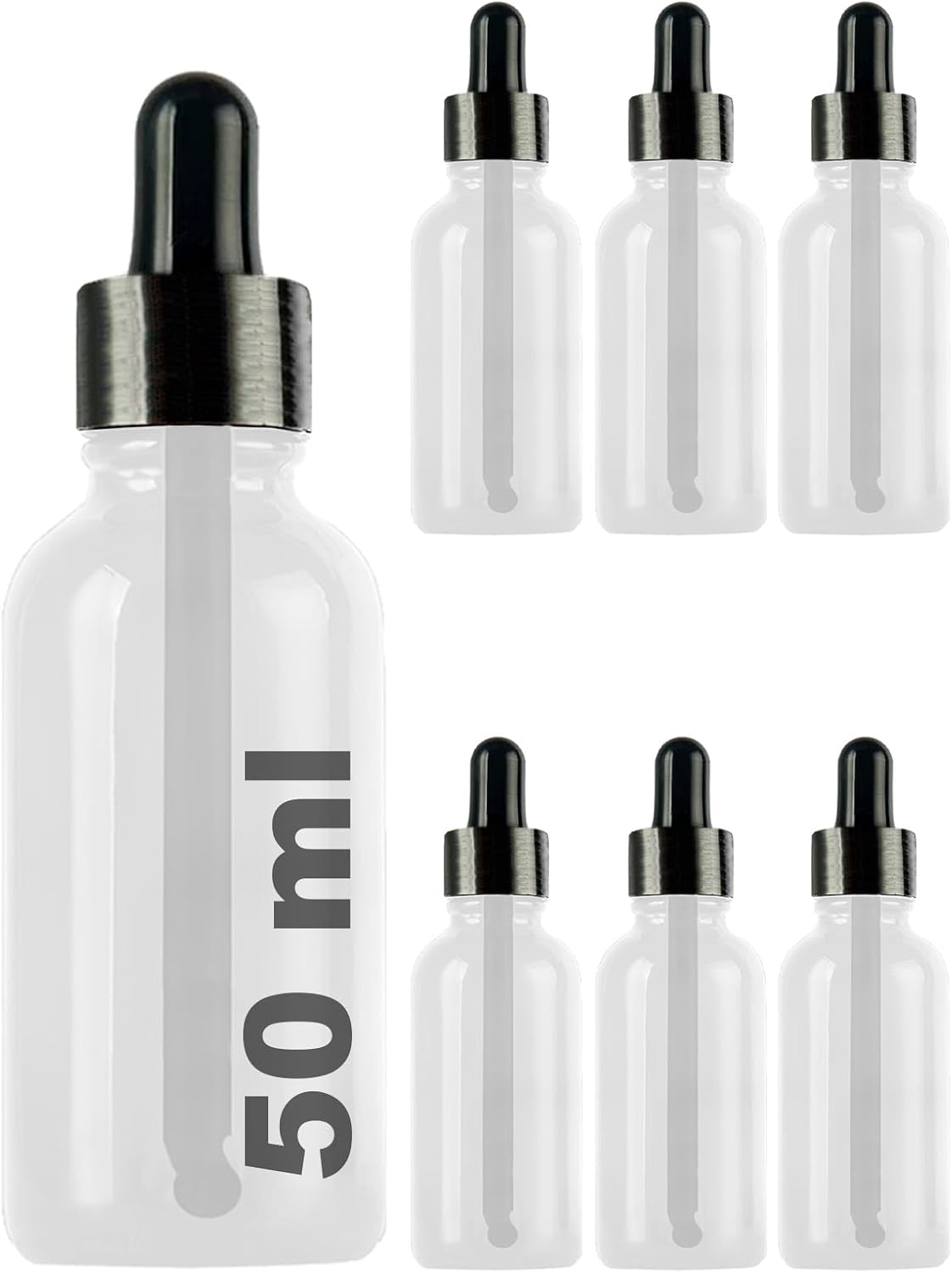 Afracam 50 ml Metal Kapaklı Damlalık Dropper Şişesi Serum 50 cc Cam Şişe 6 Adet (Siyah Kapak, Şeffaf)