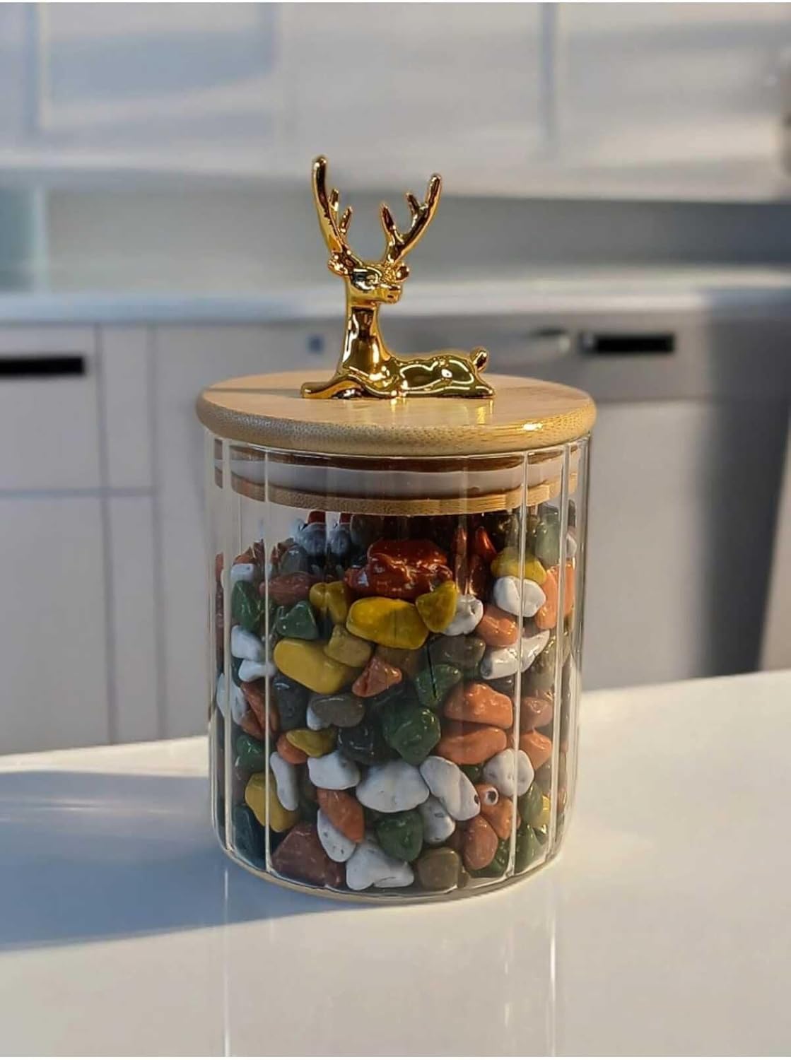 (9X10 Cm) 2 Adet Geyikli Cam Saklama Kavanozu Geyik Başı Altın Renk Hava Geçirmez Y-422,Şeffaf