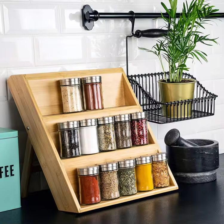 3 Katlı Doğal Bambu Ayaklı Baharatlık Rafı Organizer – Tezgah Üstü ve Çekmece İçi Kullanıma Uygun, Katlanabilir, Kaymaz Ayaklı, Kompakt ve Şık Tasarımlı Mutfak Düzenleyici