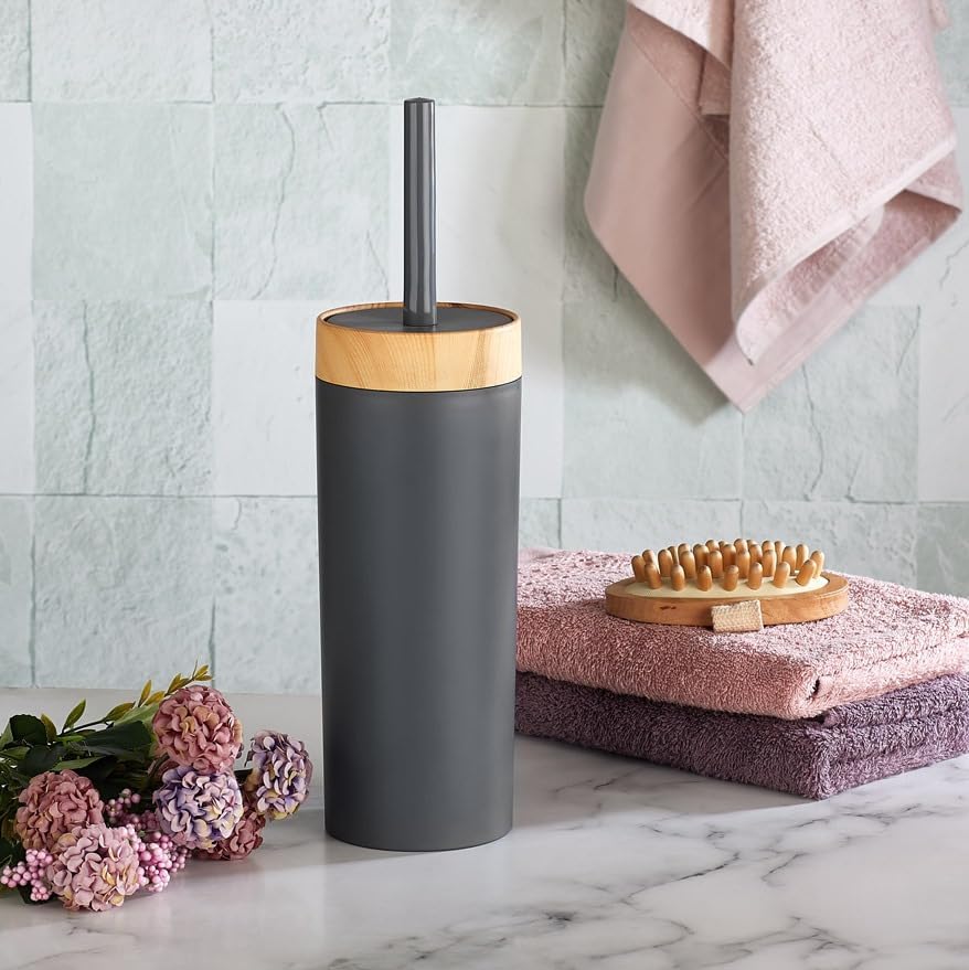 Bambu Görünümlü Ahşap Desen Tuvalet Fırçası Seti (- MUTFAK - TUVALET - BALKON) (ANTRASİT, FIRÇA)