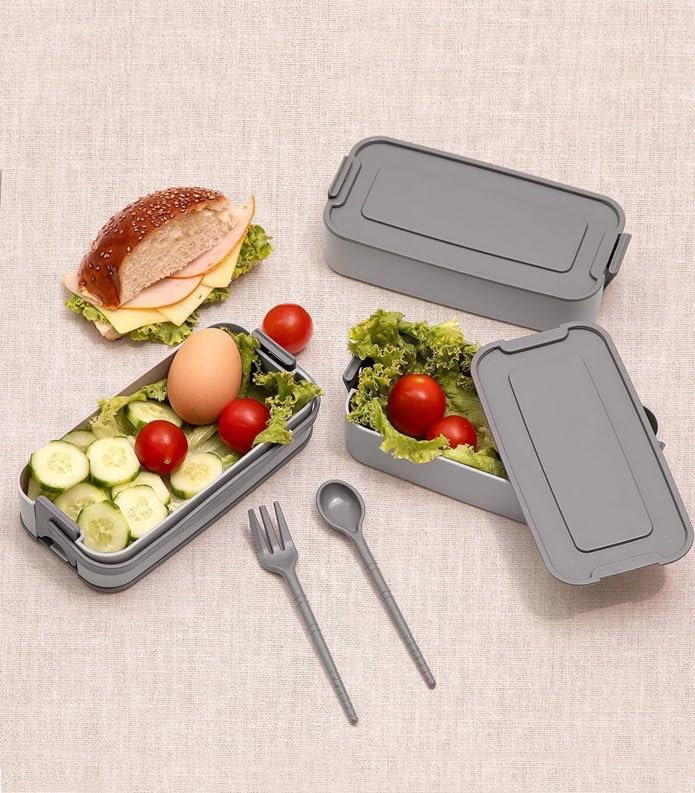 1260 ml 3 Katlı 6 Bölmeli BPA'sız PP Plastik Sefer Taşıma ve Beslenme Çantası, Kilitli Bento Lunch Box, Mikrodalgaya Uygun, Çatal ve Kaşık Dahil (Gri)