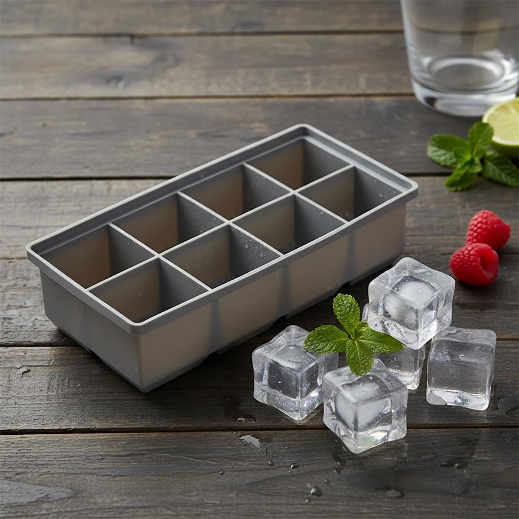 8 Gözlü Silikon İri Küp Buz Kalıbı | Büyük Boy Kare Buz Yapıcı | Whiskey, Kokteyl ve İçecekler İçin | Esnek, Gıda Uyumlu
