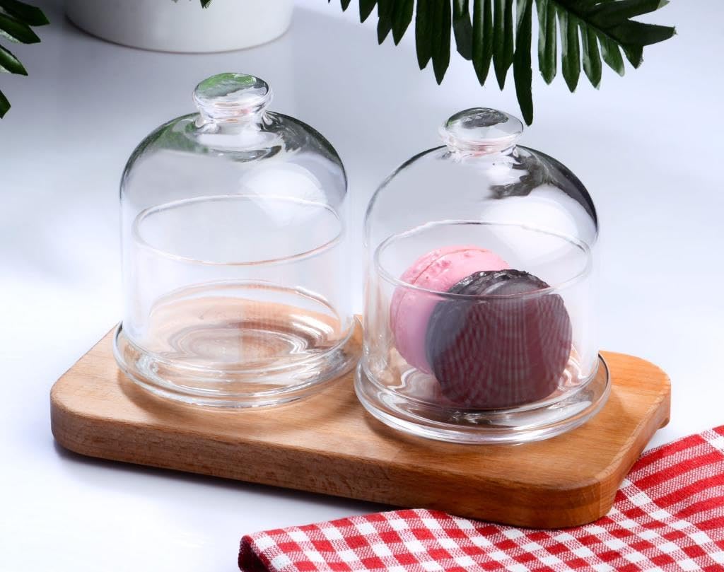 Ahşap Stantlı Reçellik Seti Cam Kapaklı Kurabiyelik Kuruyemişlik 2li Saklama Kabı