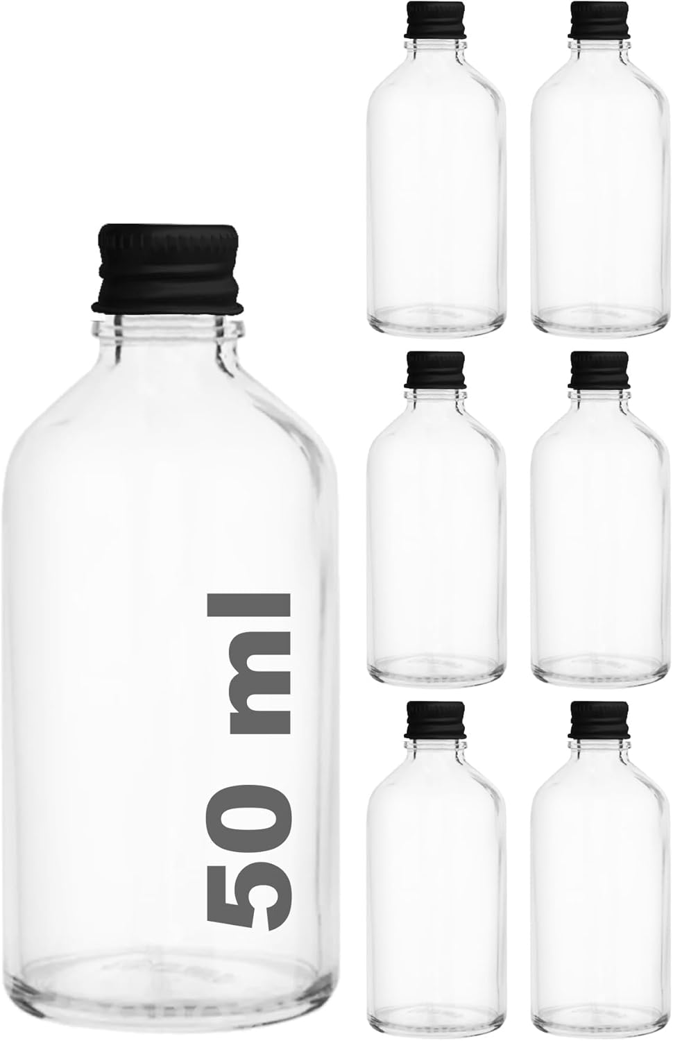 Afracam 50 cc Siyah Metal Kapaklı Hediyelik Shot Şişesi 50 ml Kolonya Koku Süs Küçük Şeffaf Cam Şişe 6 Adet