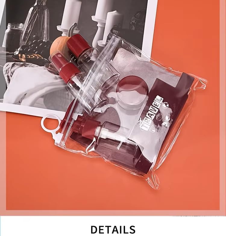 Seyahat Şişeleri Seti, 6 Parça, Sprey ve Pompalı Şişeler, Krem Kapları, Şeffaf Taşıma Çantalı, Uçak Bagajı Uyumlu, Kırmızı Spatulalı