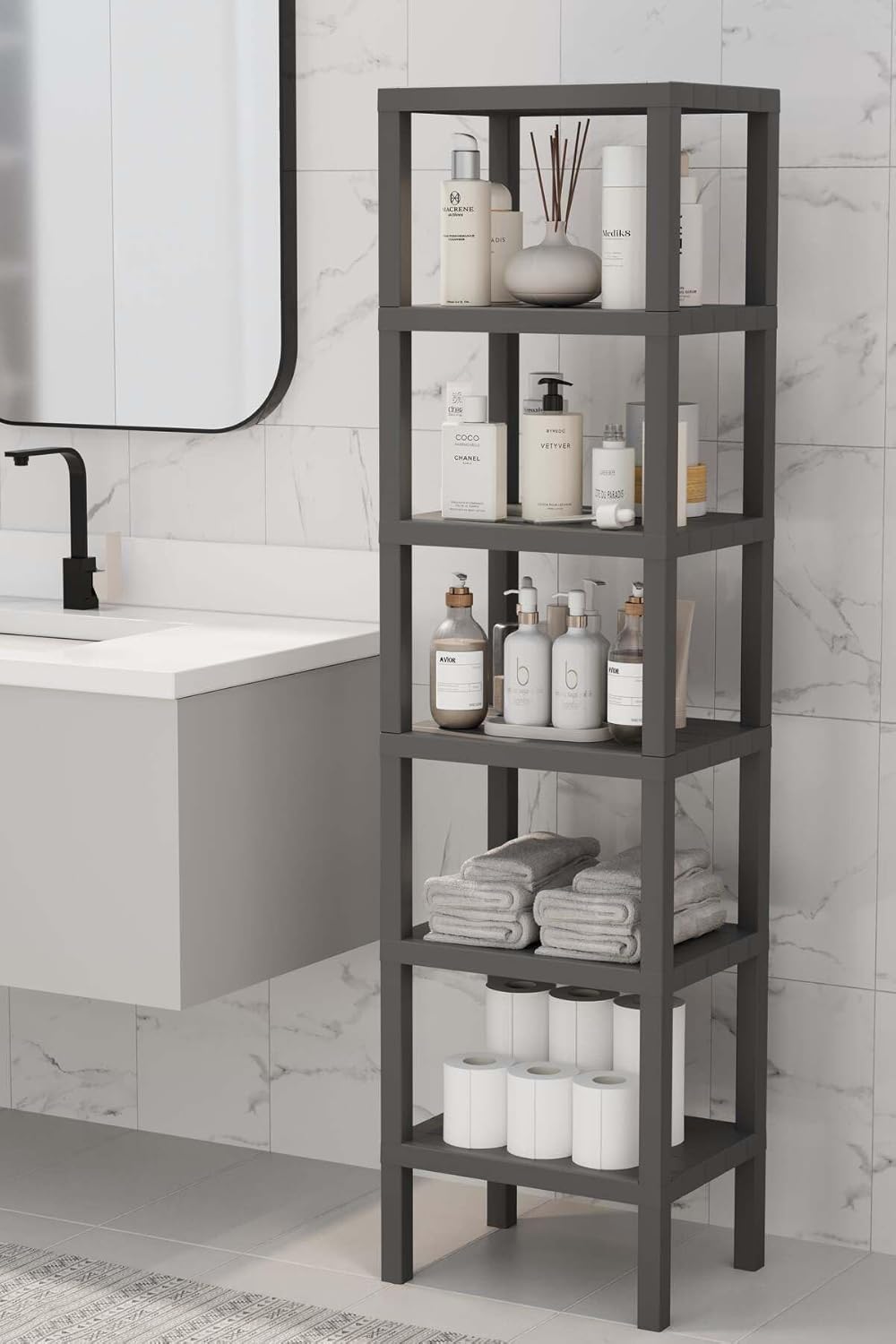 6 Katlı Plastik Düzenleyici Raf, Çok Amaçlı Kitaplık, Banyo ve Mutfak Organizeri, (GRİ)