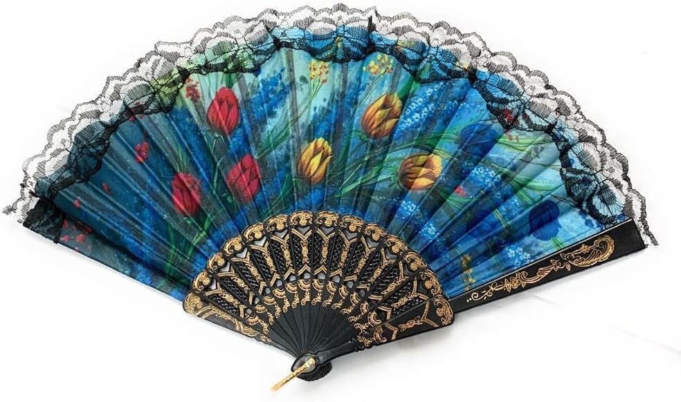 2'li El Yelpazesi Seti – Çiçek Desenli, Tüllü Kenarlı, Bez Kumaşlı ve Plastik Saplı – Katlanabilir, Hafif ve Şık – Kadınlar İçin Klasik Tarzı Yelpaze – El Taşımaya Uygun Pratik Kullanım
