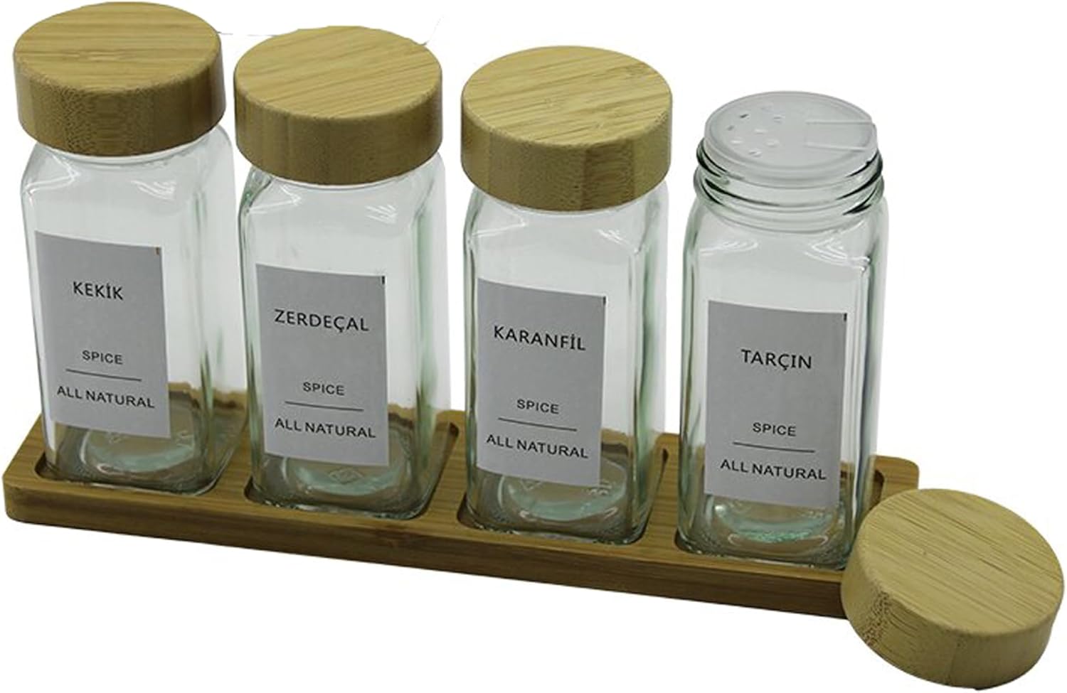4'lü Cam Baharatlık Seti, Bambu Kapaklı ve Standlı, Mutfak Organizatörü, Baharat Saklama Kabı