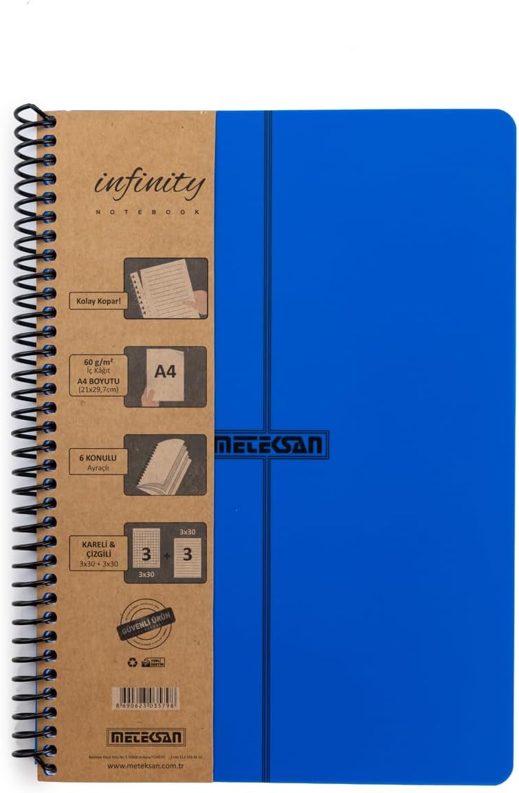 Primary Serisi, A4, 6 Konulu (3 Kareli, 3 Çizgili) 180 Yaprak PP Kapaklı Spiralli Defter, Lacivert