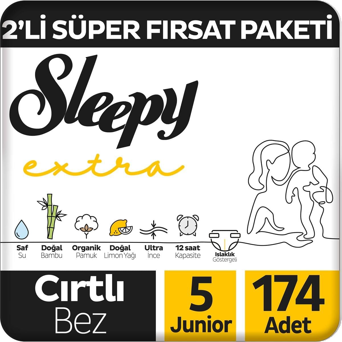 Sleepy Extra Günlük Aktivite 2'li Fırsat Paketi Bebek Bezi 5 Numara Junior 174 Adet